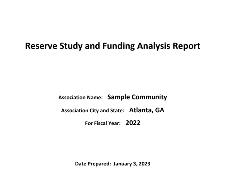 Cover page of a TaylorCo reserve study and funding analysis report for a sample Atlanta community